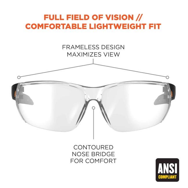 Full field of vision//comfortable lightweight fit. Frameless design maximizes view. Contoured nose bridge for comfort. ANSI-compliant. image 2