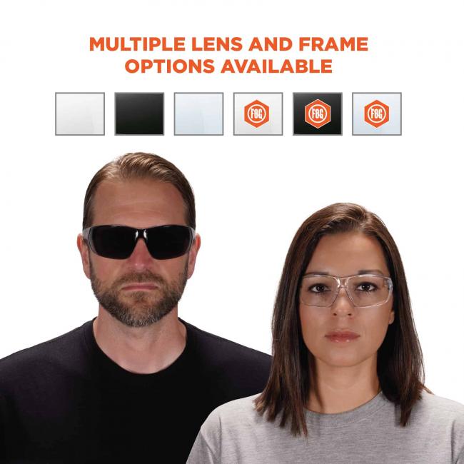 Multiple lens and frame options available. Color swatches show clear, smoke, indoor/outdoor, clear anti-fog, smoke anti-fog, and indoor/outdoor anti-fog