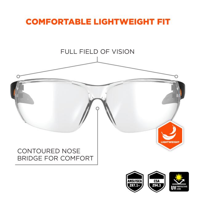 Comfortable lightweight fit: full field of vision. contoured nose bridge for comfort. lightweight. ANSI/ISEA z87.1+. CSA Z94.3. UV Protective Lens .