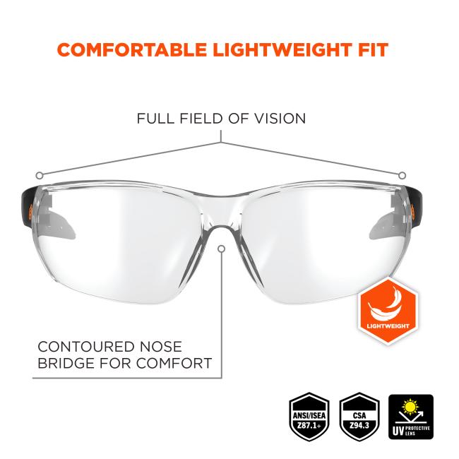 Comfortable lightweight fit: full field of vision. contoured nose bridge for comfort. lightweight. ANSI/ISEA z87.1+. CSA Z94.3. UV Protective Lens .
