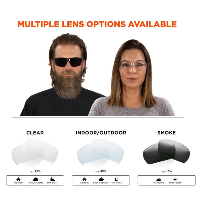 Multiple lens options available: Clear, Indoor/Outdoor, smoke. Clear: VLT 95%, worn indoors, hazy or cloudy outside, or in low light conditions. Indoor/Outdoor: VLT 50%, worn indoors, outdoors, hazy or cloudy, or nighttime. Smoke: VLT 50%, worn outdoors and in bright light.