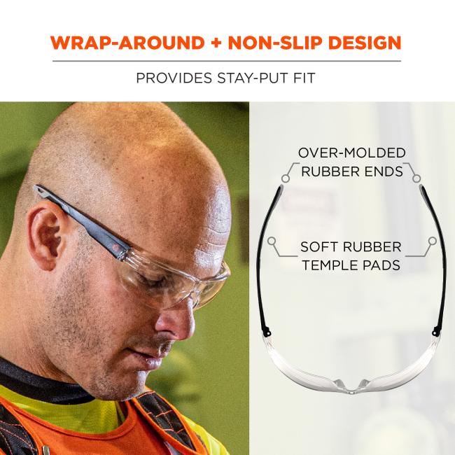 Wrap-around and non-slip design: provides stay-put fit. over-molded rubber ends. soft rubber temple pads