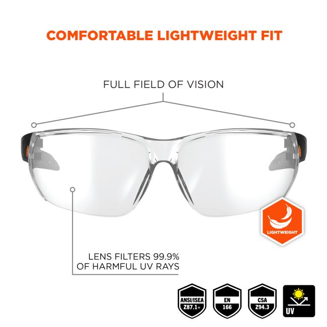 Comfortable lightweight fit. Full field of vision and contoured nose bridge for comfort. ANSI, EN 166, and CSA compliant .