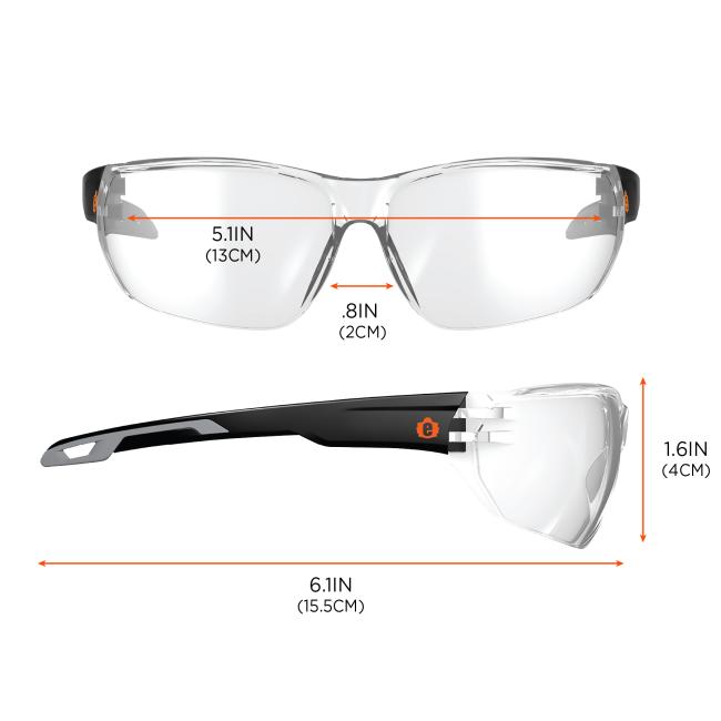 Lens width: 6 inches (15.2cm). Lens height: 1.8 inches (4.6cm). Nose width: 0.2 inch (0.5cm). Temple length: 6.3 inches (16.cm)