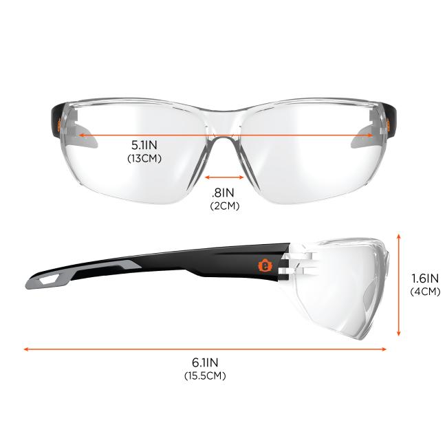 Lens width: 5.1 inches (13cm). Lens height: 1.6 inches (4cm). Nose width: 0.8 inch (2cm). Temple length: 6.1 inches (15.5cm)