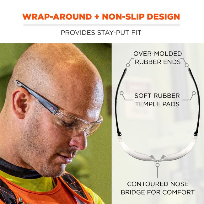 Wrap around and non-slip design provides stay-put fit. Over-molded rubber ends and soft rubber temple pads