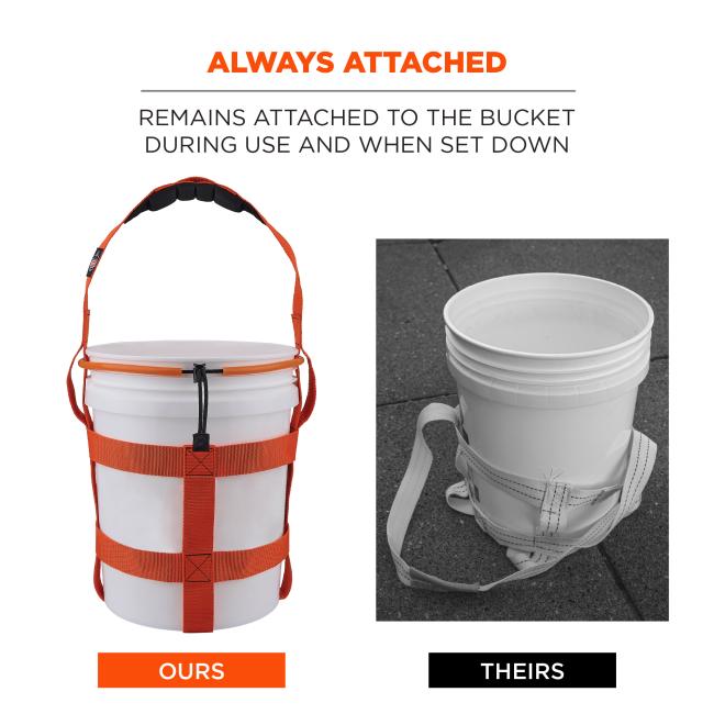 Two-panel comparison: left color photo of white bucket with orange harness and lid; right grayscale photo of white bucket with loose strap, labels "OURS" and "THEIRS"