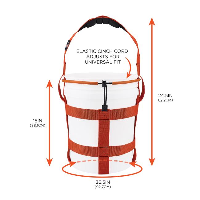 White plastic bucket with orange strap harness, padded orange shoulder handle and black elastic cinch cord securing the lid, with orange arrows and measurement markings