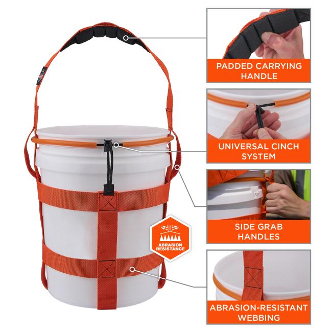 White plastic bucket with orange webbing harness, padded top handle, adjustable cinch cord and side grab straps.