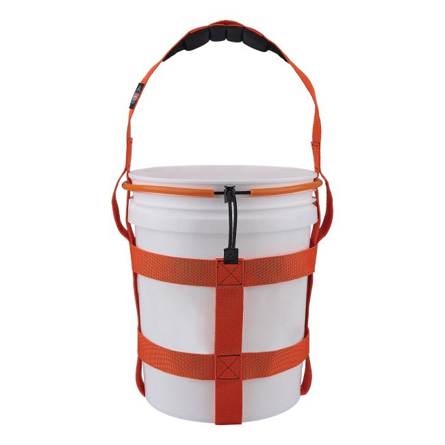 White plastic bucket fitted with orange webbing harness, horizontal straps and padded orange shoulder strap