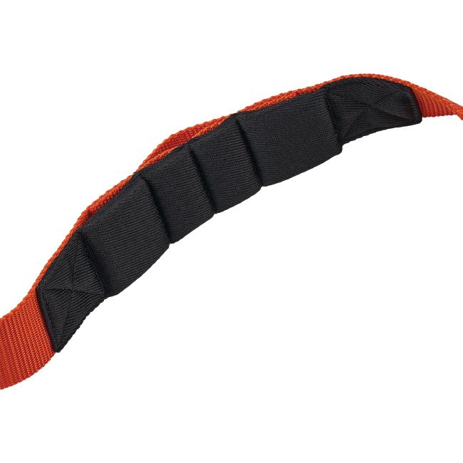 Curved padded black strap with segmented rectangular cushions and bright orange woven edge on white background