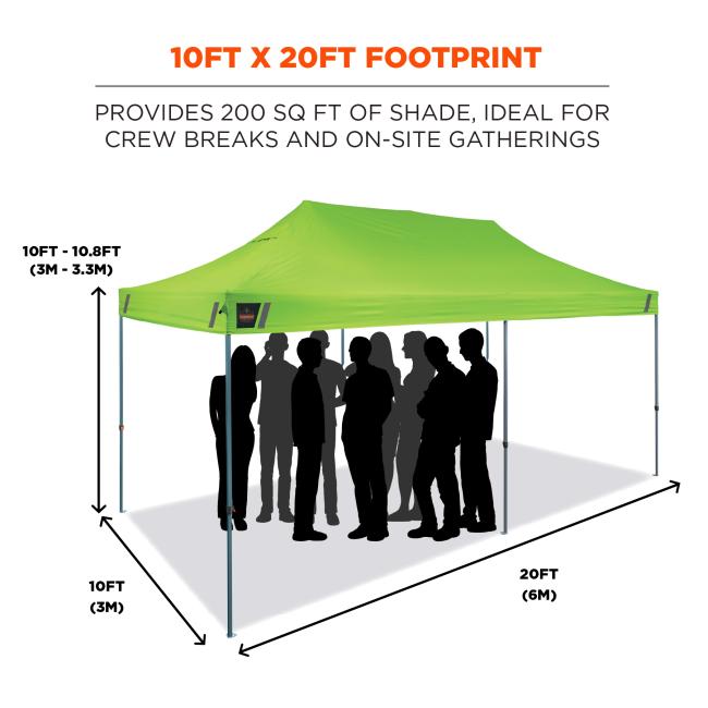 10FT x 20FT footprint. Provides 200 sq ft of shade, ideal for crew breaks and on site gatherings. Shows a footprint of 10 ft by 20 ft or 3 m by 6 m, with an overall height range of 10 ft to 10.8 ft or 3 m to 3.3 m.