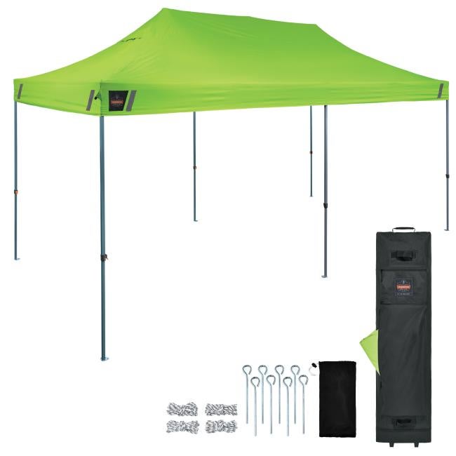 Fully assembled tent is shown with frame and canopy installed. The setup illustrates the overall structure and coverage area.