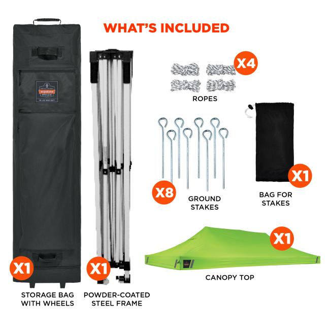 Whats included. Includes one storage bag with wheels, one powder coated steel frame, one canopy top, four ropes, one bag for stakes, and eight ground stakes.