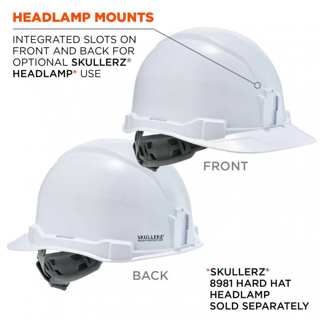 headlamp mounts: integrated slots on front and back for optional skullerz headlamp use. skullerz 8981 hard hat headlamp sold separately