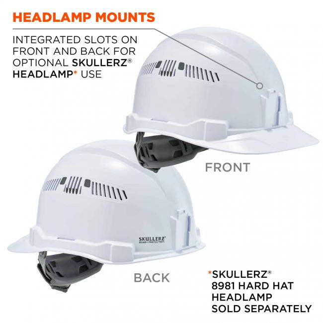 headlamp mounts: integrated slots on front and back for optional skullerz headlamp use. skullerz 8981 hard hat headlamp sold separately