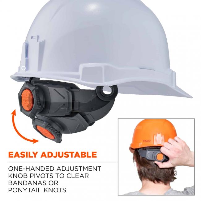 easily adjustable: one-handed adjustment knob pivots to clear bandanas or ponytail knots 