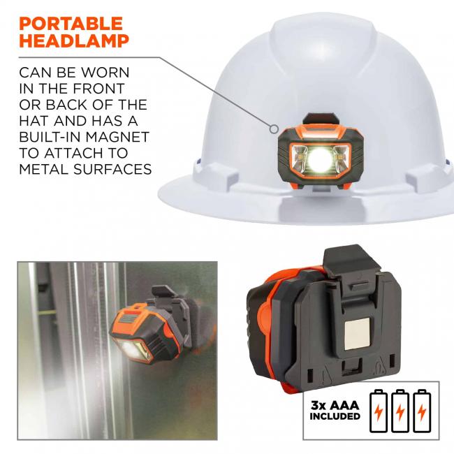 portable headlamp: can be worn in the front or back of the hat and has a built-in magnet to attach to metal surfaces 