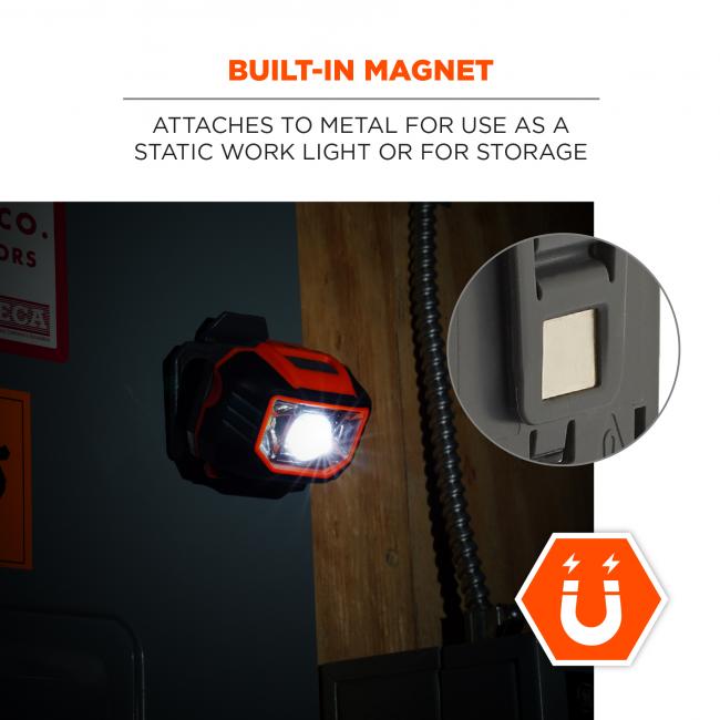 Built-in magnet: attaches to metal for use as a static work light or for storage. Image shows magnet detail
