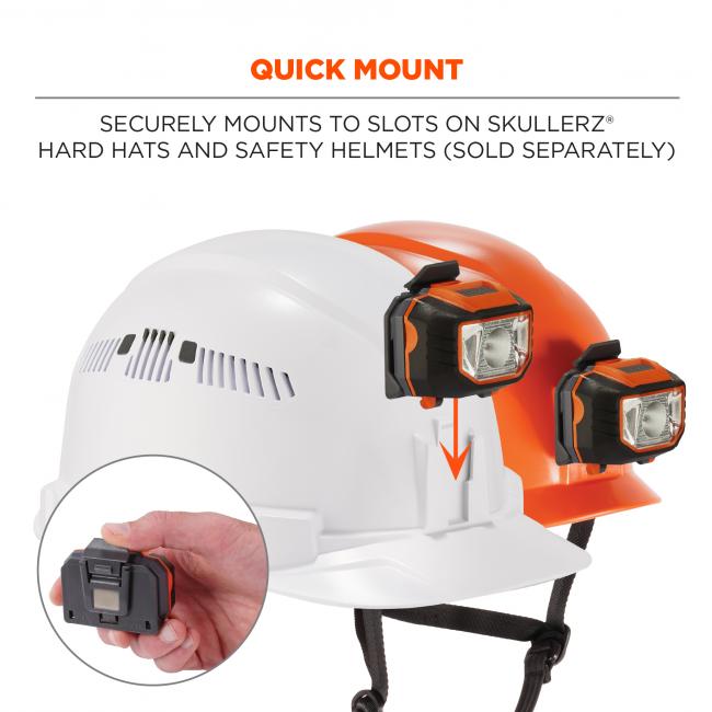 Quick mount: securely mounts to slots on Skullerz hard hats and safety helmets (sold separately) 
