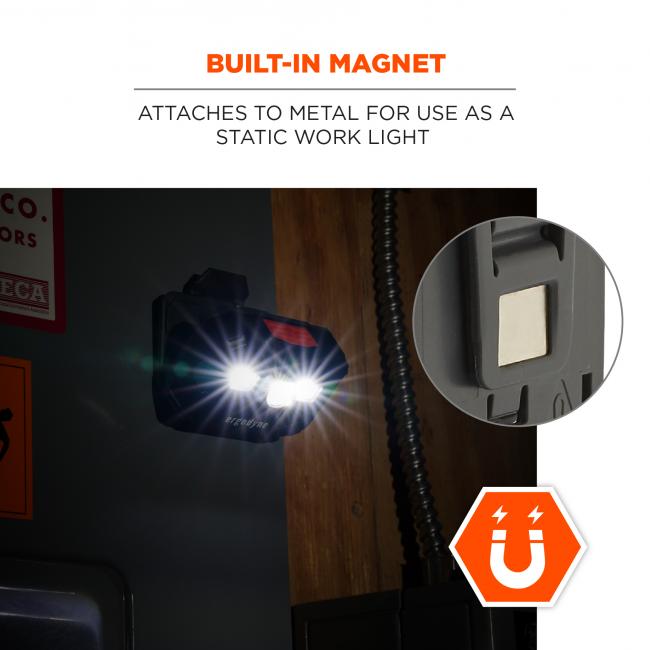 Built-in magnet: attaches to metal for use as a static work light. Image shows magnet detail.