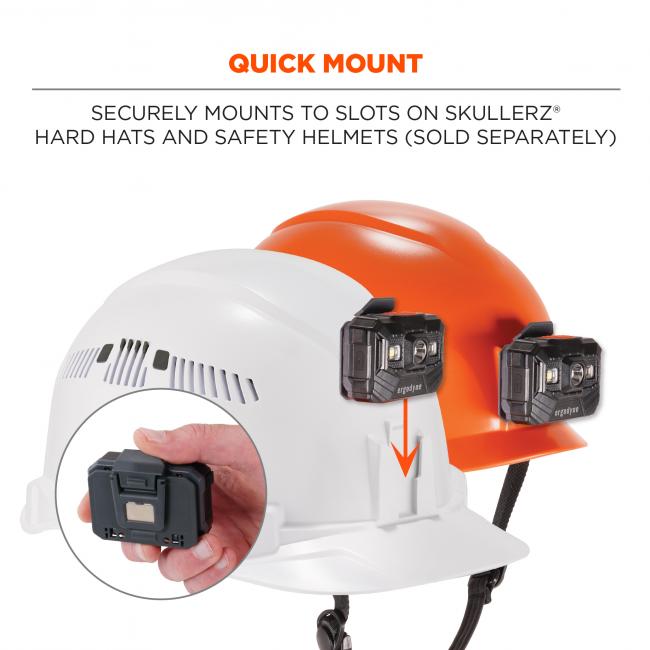 Quick mount: securely mounts to slots on Skullerz hard hats and safety helmets (sold separately)