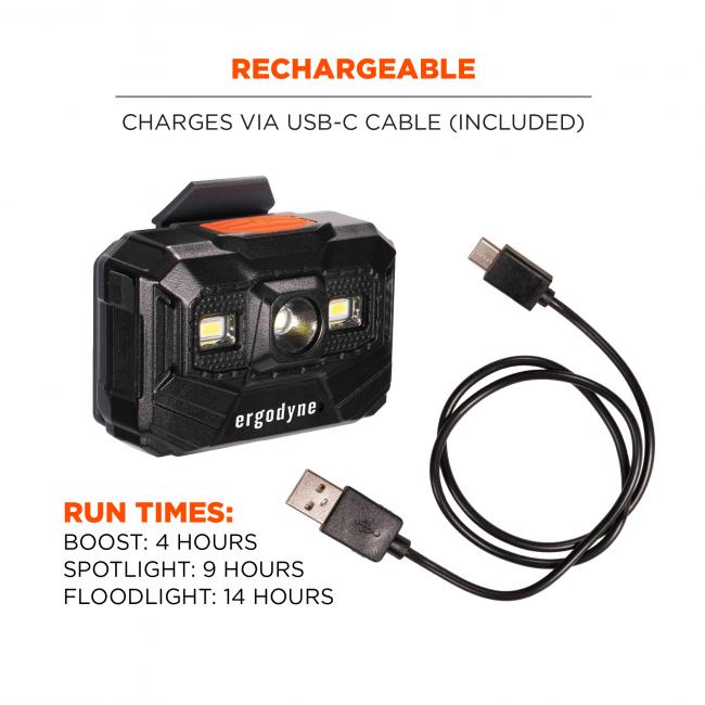 Rechargeable: charges via USB-C cable (included). Run times - Boost: 4 hours; spotlight: 9 hours; floodlight: 14 hours