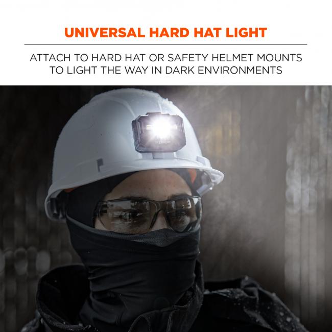 Universal hard hat light: attach to hard hat or safety helmet mounts to light the way in dark environments