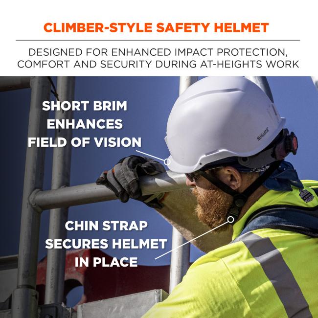 Climber-style safety helmet designed for enhanced impact protection, comfort and security during at-heights work. Short brim enhances field of vision. Chin strap secures helmet in place.