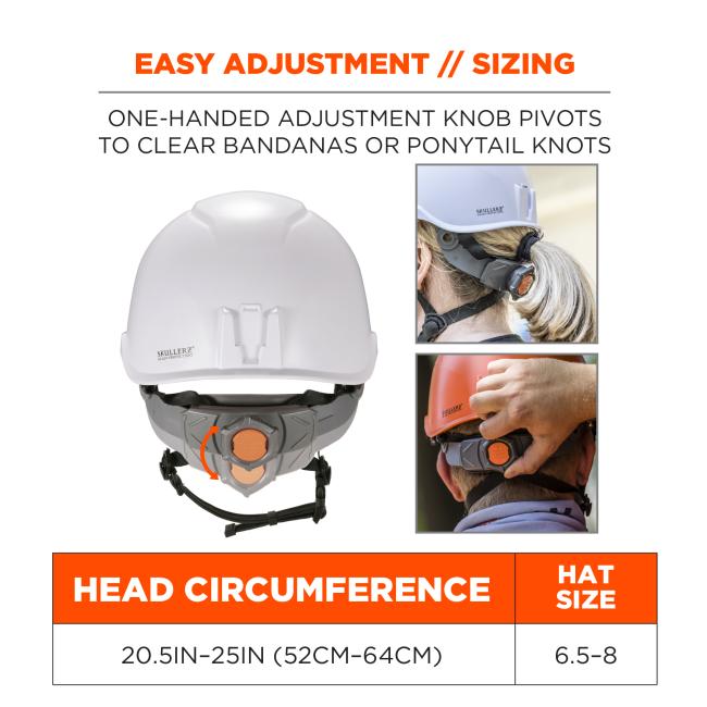 Easy adjustment and sizing: one-handed adjustment knob pivots to clear bandanas or ponytail knots. Head circumference: 20.5in-25in (52cm-64cm). Hat size: 6.5-8.