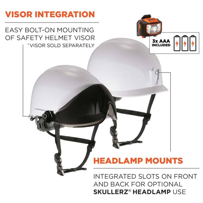 Visor integration: easy bolt-on mounting of safety visor (*visor sold separately). Headlamp mounts: integrated slots on front and back for optional Skullerz Headlamp use. 3x AAA batteries included. image 4