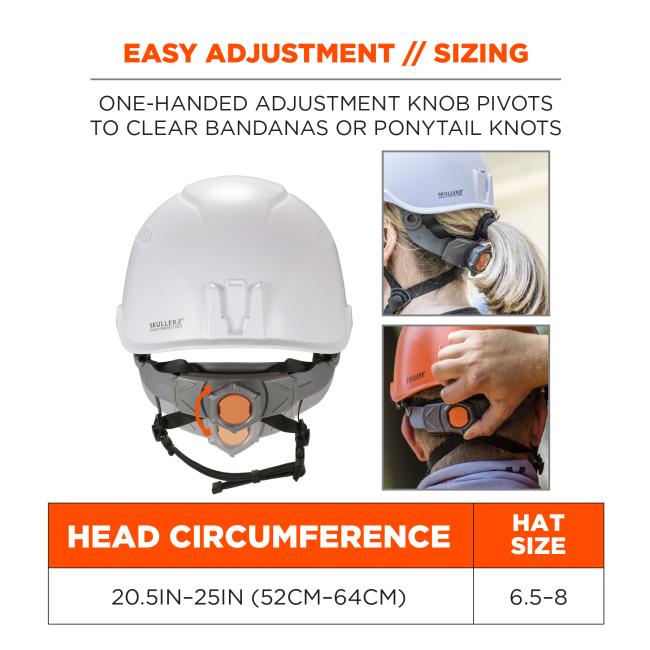 Easy adjustment and sizing. One-handed adjustment knob pivots to clear bandanas or ponytail knots. Head circumference: 20.5in to 25in (52cm to 64cm). Hat size: 6.5 to 8.
