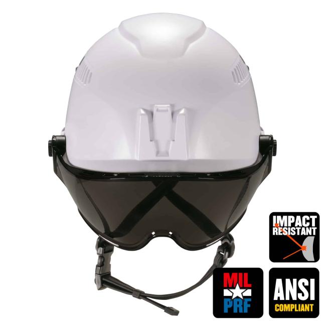 Picture of safety helmet with visor and icons in low right read: Impact resistant; MIL-PRF, and ANSI compliant.