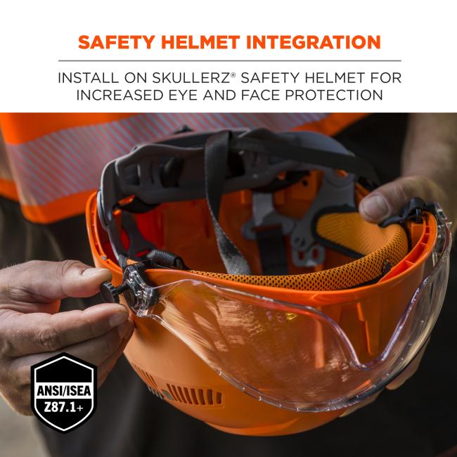 Safety helmet integration: install on Skullerz safety helmet for increased eye and face protection. ANSI compliant. EN 166 compliant. Impact resistant. 