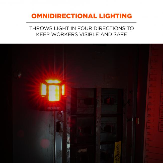Omnidirectional lighting: throws light in four directions to keep workers visible and safe. Image shows light on in the dark.