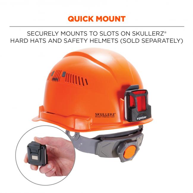 Quick mount: securely mounts to slots on Skullerz hard hats and safety helmets (sold separately). 