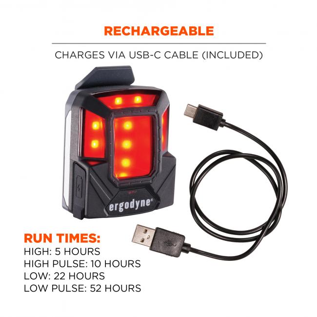 Rechargeable: charges via USB-C cable (included). Run times: High = 5 hours. High-pulse = 10 hours. Low = 22 hours. Low pulse = 52 hours. 