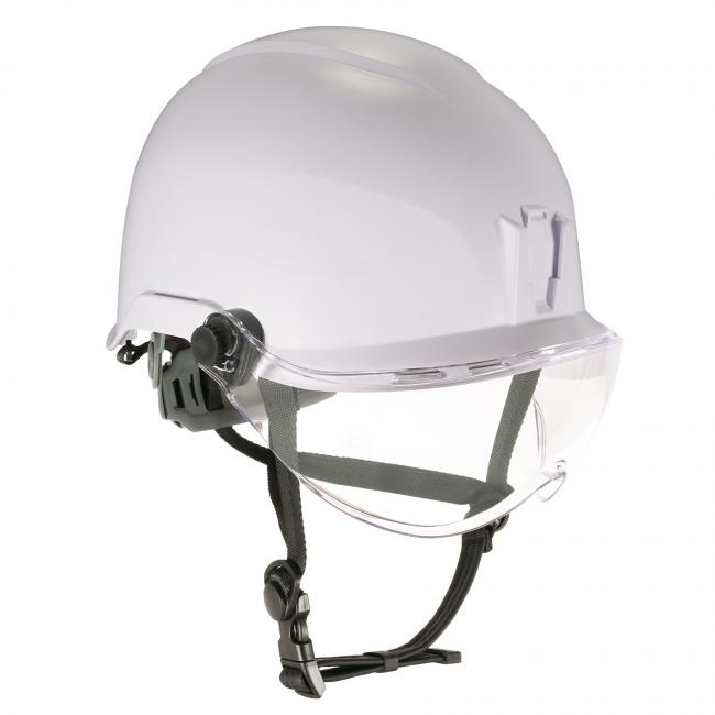 Front of safety helmet & clear visor.