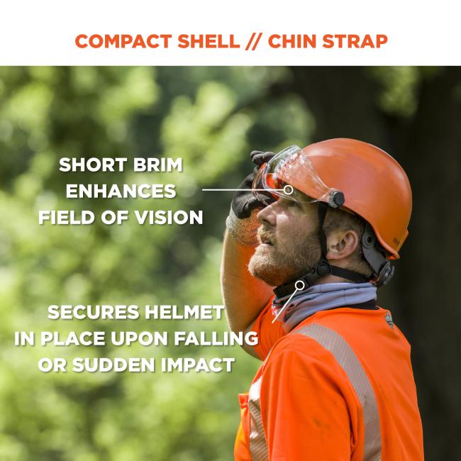 Compact shell // chin strap. Arrow points to brim and says “short brim enhances field of vision”. Arrow points to strap and says “secures helmet in place upon falling or sudden impact”