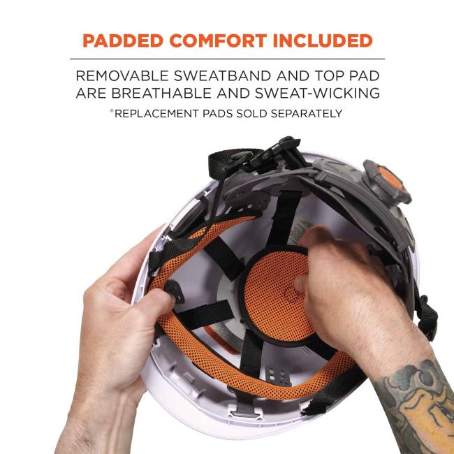 Padded comfort included. Removable sweatband and top pad are breathable and sweat-wicking. *replacement pads sold separately.
