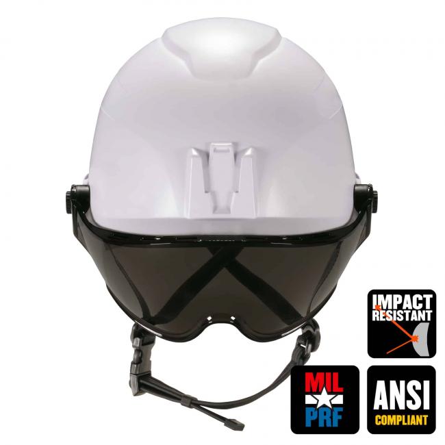 Front of safety helmet and visor. Icons on bottom right say “MIL-PRF”, “Impact resistant”, and “ANSI Compliant” 
