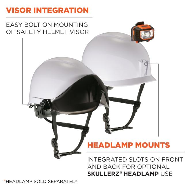 Visor integration: easy bolt-on mounting of safety helmet visor. Headlamp mounts: integrated slots on front and back for optional Skullerz Headlamp use. Accessories sold separately.