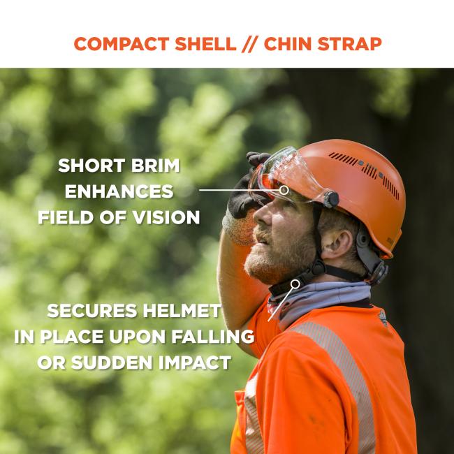 Compact shell // chin strap. Arrow points to brim and says “short brim enhances field of vision”. Arrow points to strap and says “secures helmet in place upon falling or sudden impact”
