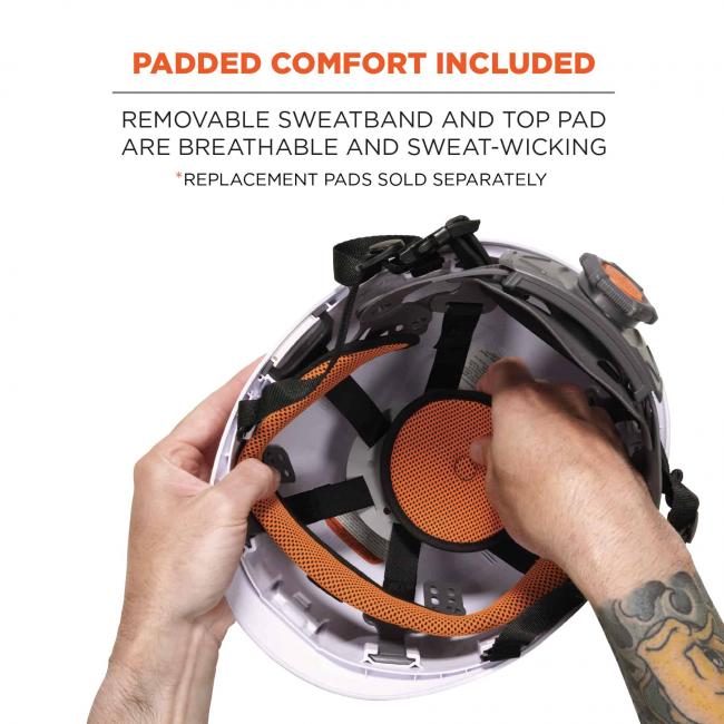 Padded comfort included. Removable sweatband and top pad are breathable and sweat-wicking. *replacement pads sold separately.