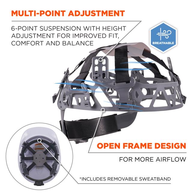 Multi-point adjustment. 6-point suspension with height adjustment for improved fit, comfort and balance. Open frame design for more airflow. Includes removable sweatband. Breathable badge