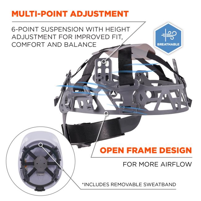 Multi-point adjustment. 6-point suspension with height adjustment for improved fit, comfort and balance. Open frame design for more airflow. Includes removable sweatband. Breathable badge