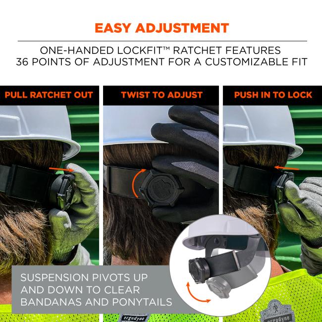 Easy adjustment. One-handed LockFit™ ratchet features 36 points of adjustment for a customizable fit. Pull ratchet out. Twist to adjust. Push in to lock. Suspension pivots up and down to clear bandanas and ponytails
