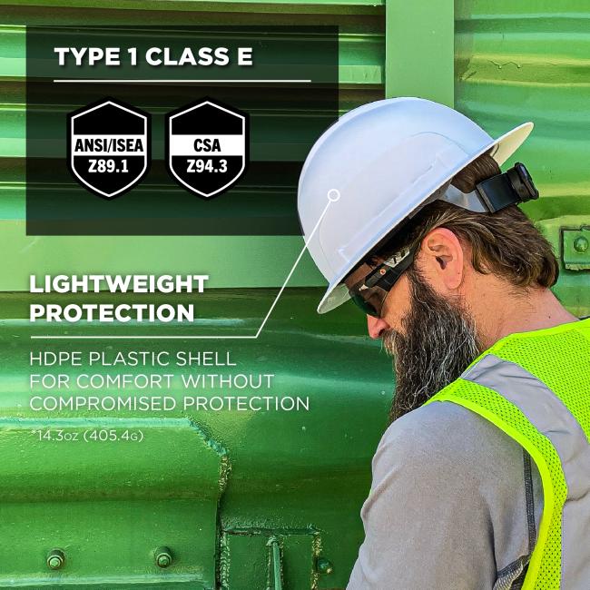 Type 1 Class E. ANSI Compliant, ANSI Z89.1-2014. CSA Compliant, CSA Z94.3. Lightweight protection. HDPE plastic shell for comfort without compromised protection. 14.3oz (405.4g)