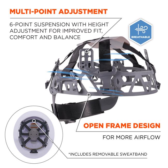 Multi-point adjustment. 6-point suspension with height adjustment for improved fit, comfort and balance. Open frame design for more airflow. Includes removable sweatband. Breathable badge