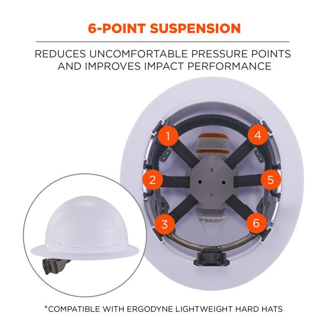 6-point suspension reduces uncomfortable pressure points and improves impact performance. Compatible with Ergodyne lightweight hard hats
